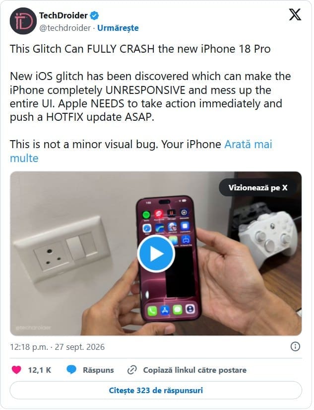 Postare pe X despre blocarea interfeței pe iPhone 18 Pro